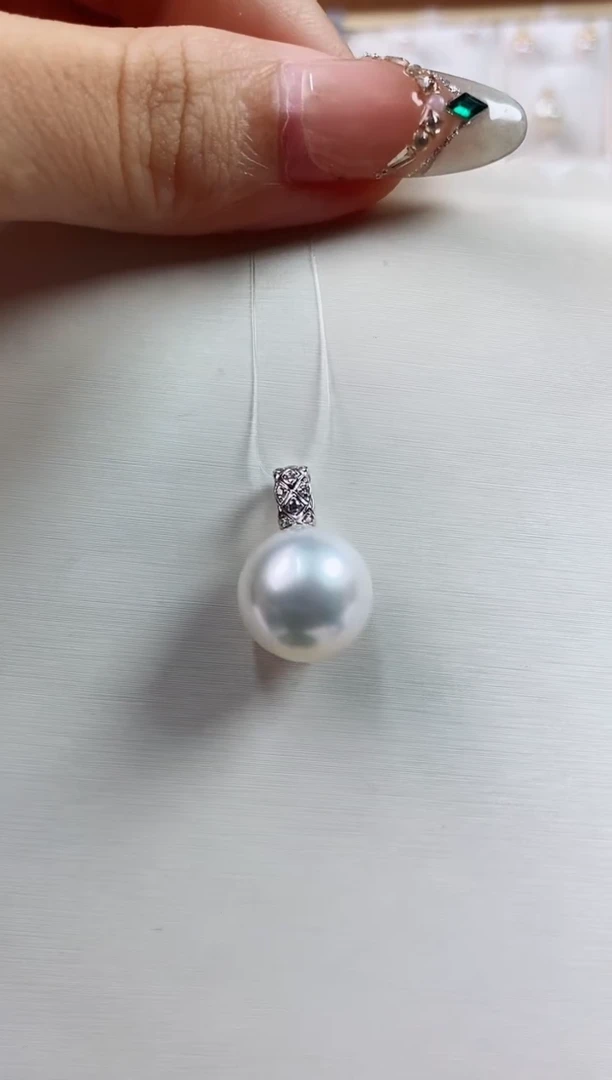 海水珍珠18K金镶嵌吊坠(不含链)13-14澳白珍珠吊坠