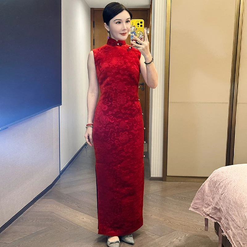 月下微凉 |八宝葫芦吉祥纹真丝红漳绒无袖立领斜襟复古名媛风旗袍