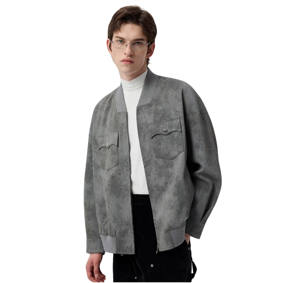 YLDP复古高级灰立体口袋棒球服潮牌轻奢廓形皮夹克皮衣外套