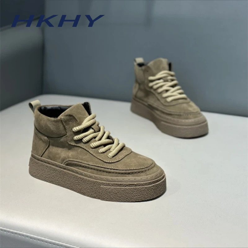 HKHY男鞋冬季加绒2025新款磨砂皮高帮鞋百搭厚底增高靴运动休闲鞋