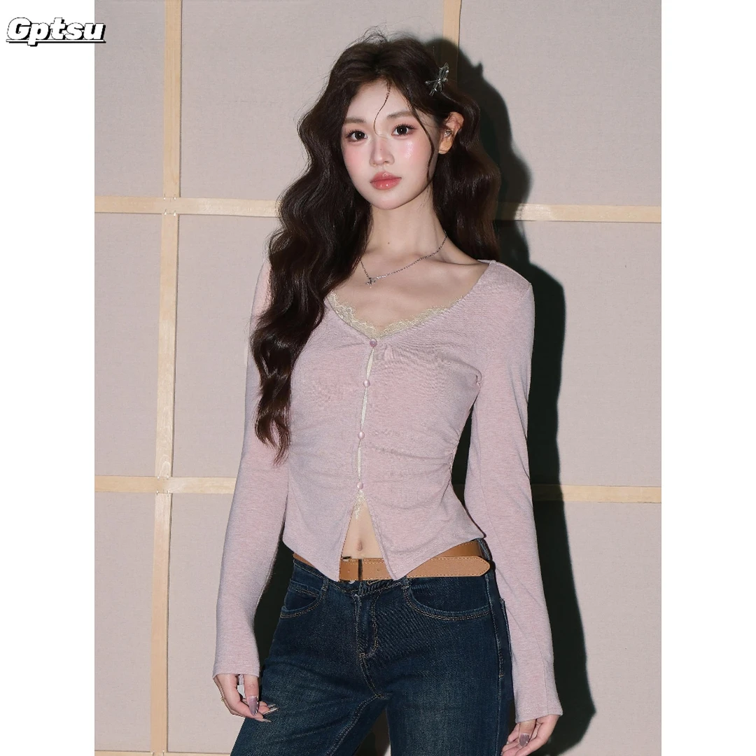 GPTSu韩系蕾丝拼接V领长袖T恤女2025年秋冬新款褶皱收腰短款上衣