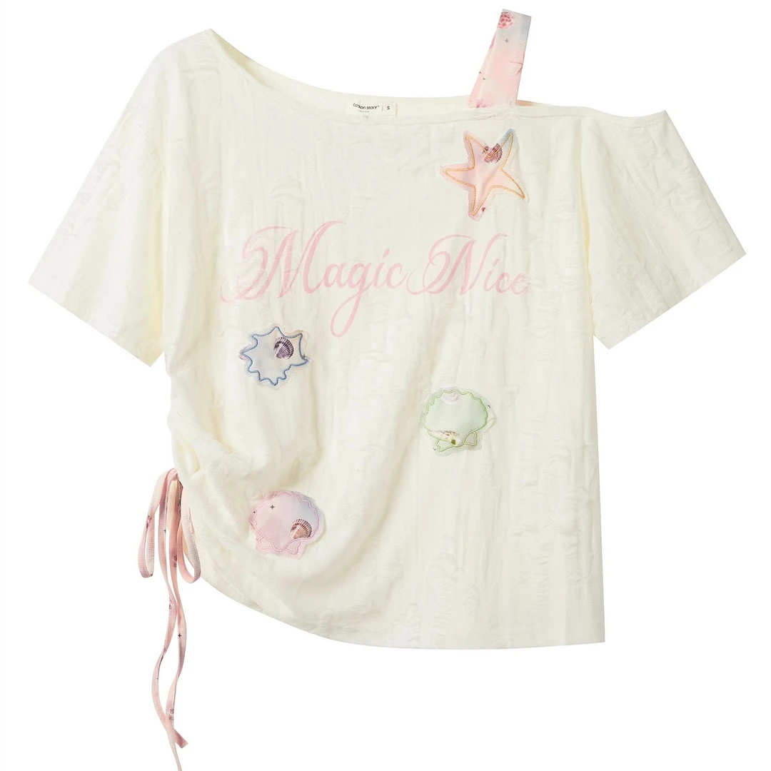 羊城故事-韩系贴布绣露肩短袖T恤女夏季不规则抽绳上衣Y50651018