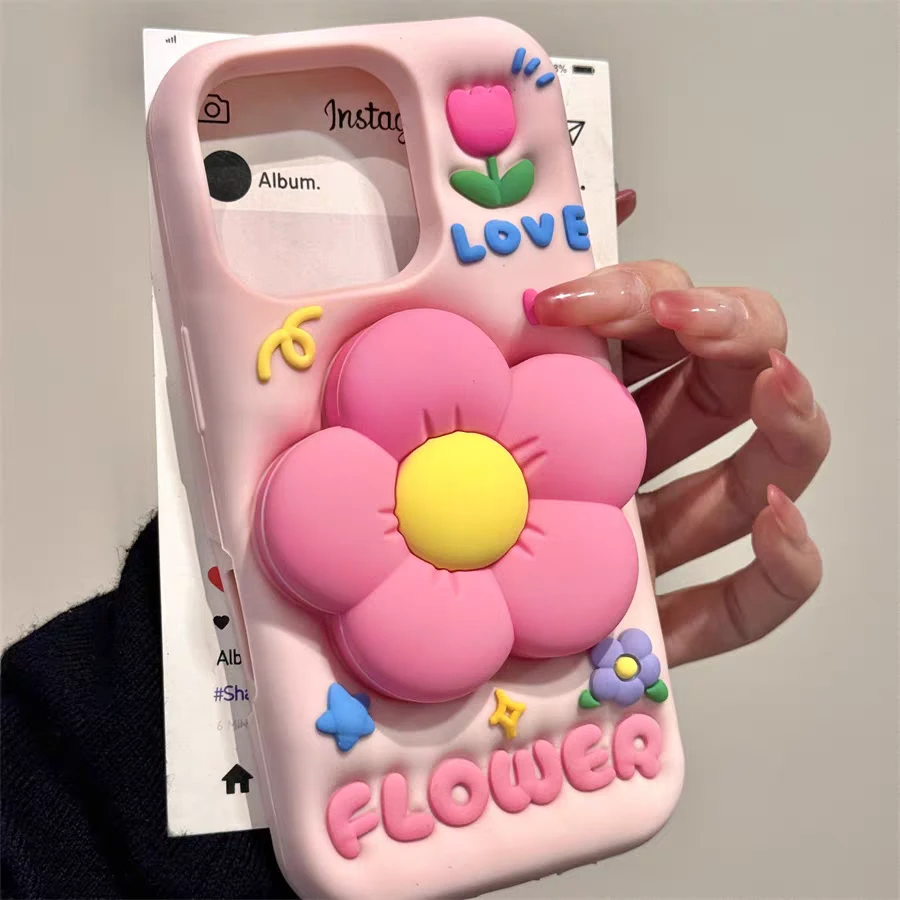 适用苹果oppo华为vivo小米|粉色花朵支架iPhone17p卡通硅胶手机壳