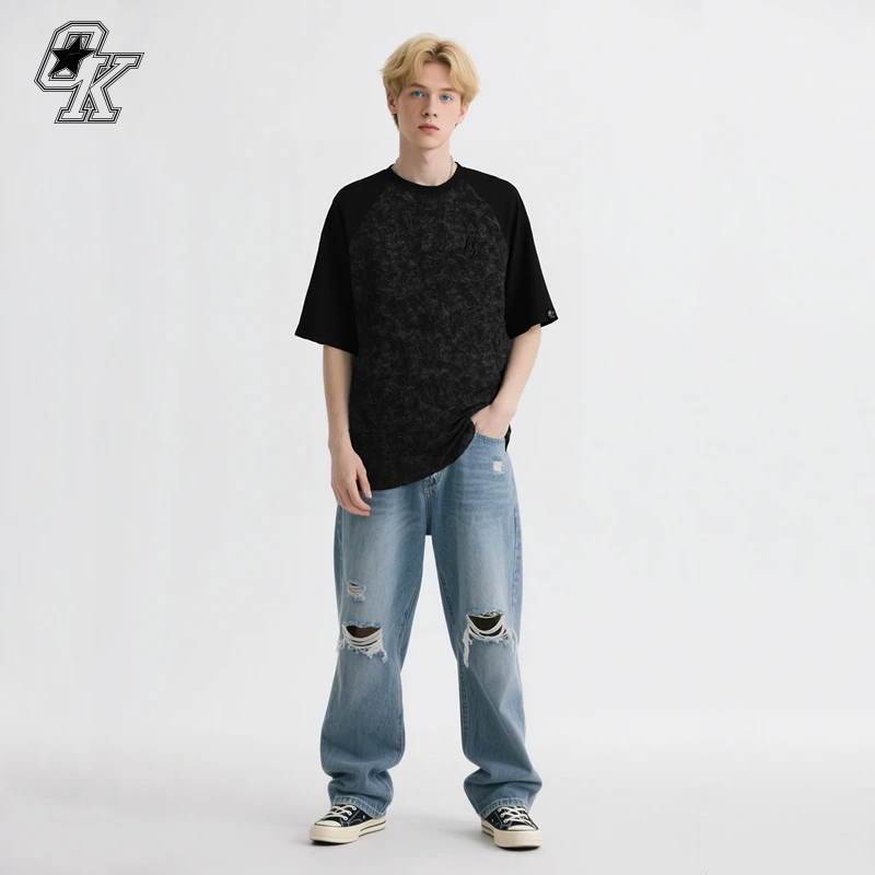 OK品牌美式扎染洗水T恤衫男撞色插肩运动短袖衫男纯棉双纱t恤夏季