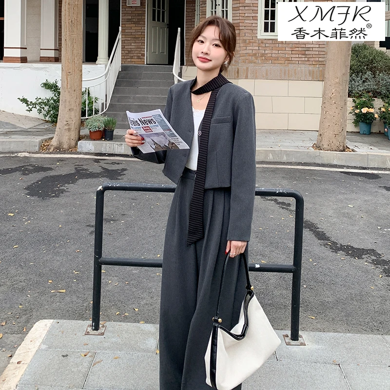 香木菲然轻奢时尚气质小西装套装女春季法式短款外套阔腿裤两件套
