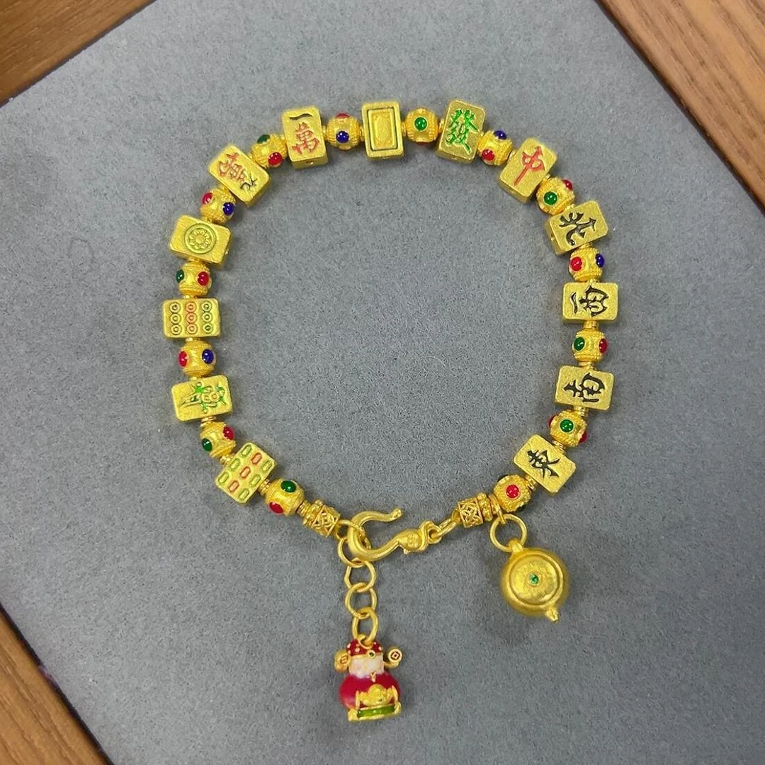 铜合金手链 国潮金色麻将手链气质招财纳福手饰轻奢高级感送女友