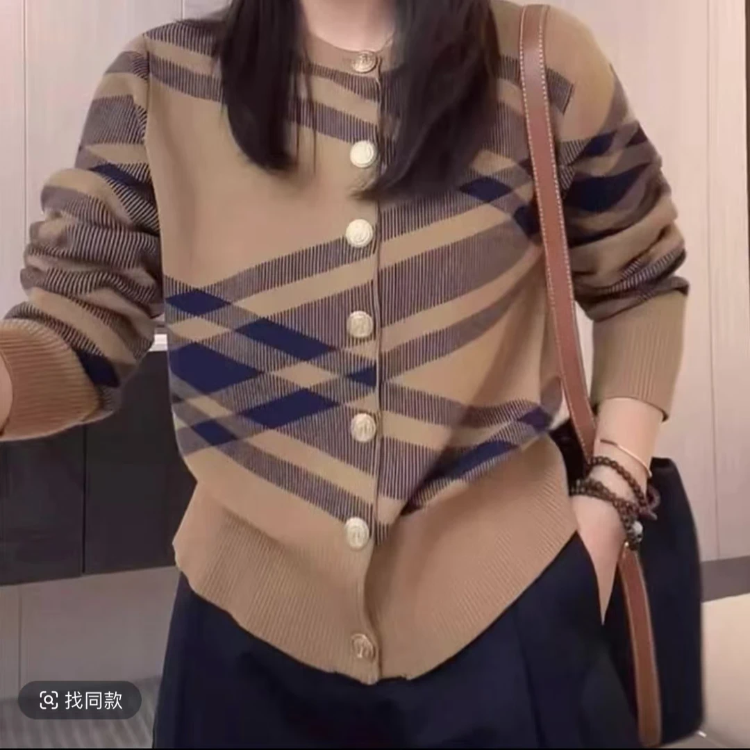D53毛衣外套女秋冬季2025新款宽松大码慵懒风高级感条纹针织开衫
