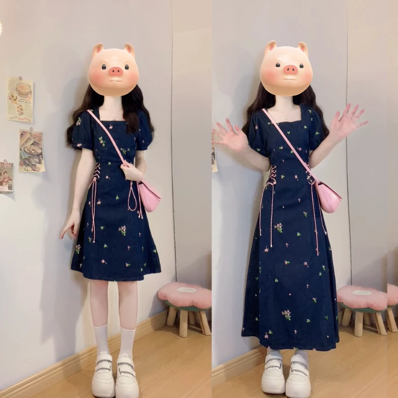 大码女装绣花短袖牛仔连衣裙胖mm夏季新款绑带收腰显瘦闺蜜长裙子