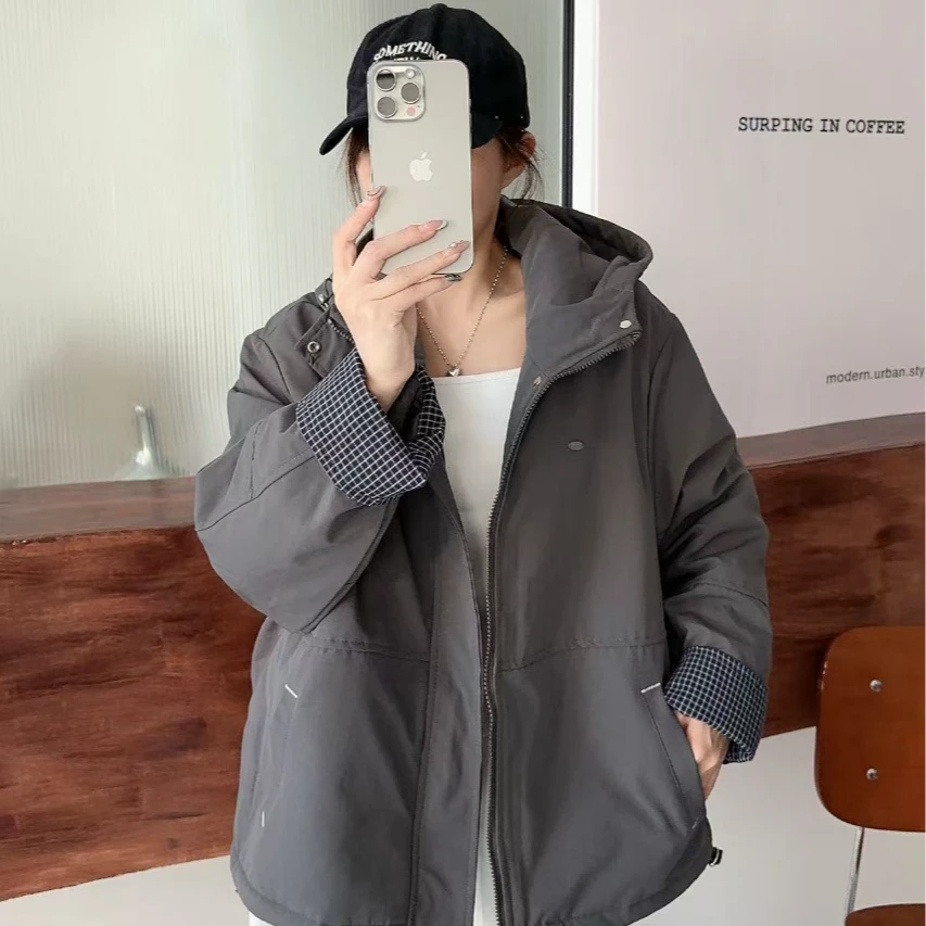 拼接韩版纯色加厚宽松型外套棉服保暖连帽潮流厚款-FD801