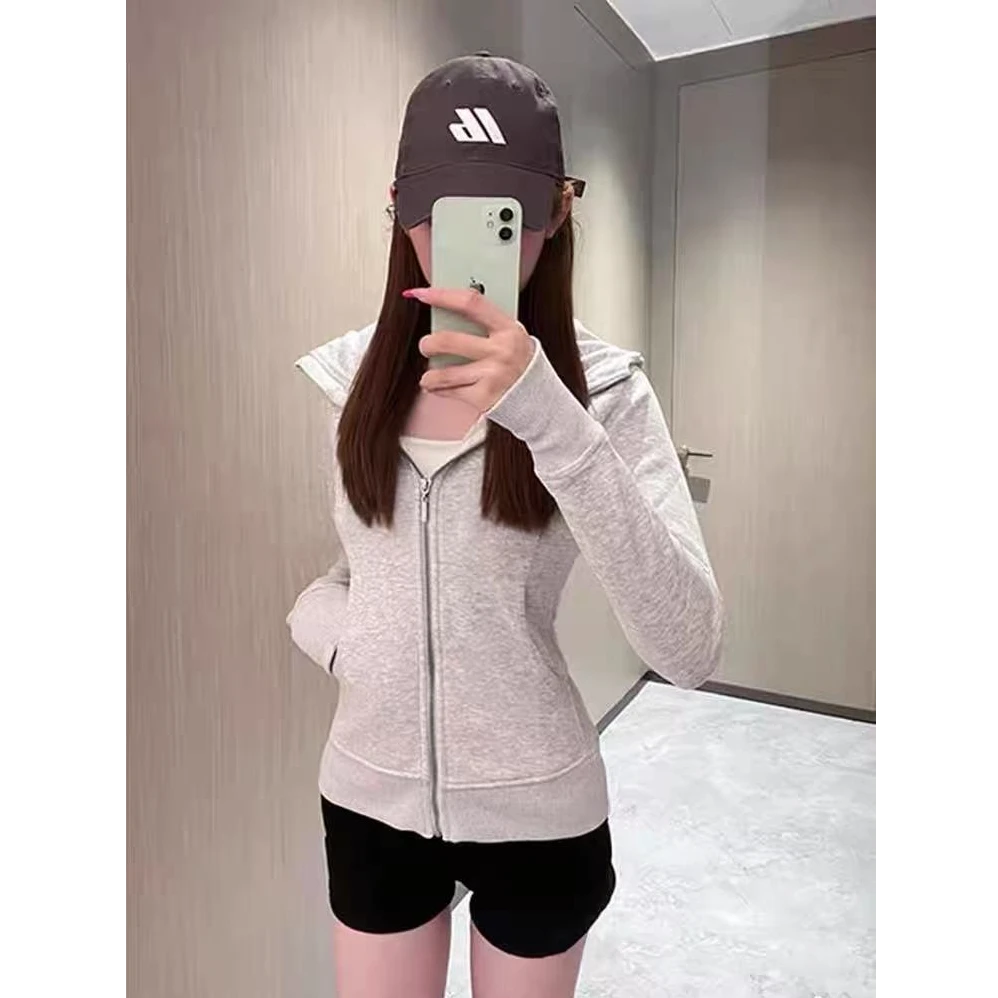 【UBKA】韩系正肩修身外套连帽卫衣女春秋新款穿搭美式收腰开衫上衣