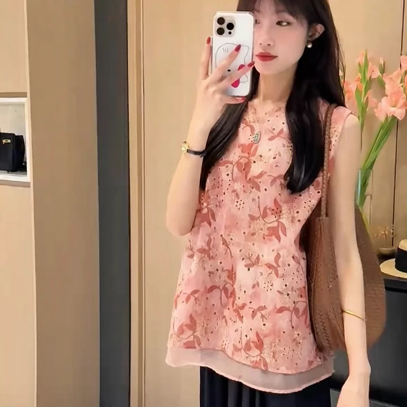 国风新中式碎花假两件无袖背心女夏季新款气质时尚显瘦上衣潮