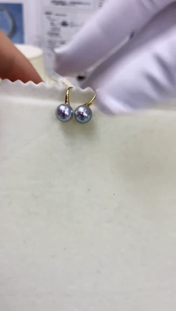 18K金镶嵌DA海水珍珠 GD143 灰珠耳钩7.5-8MM