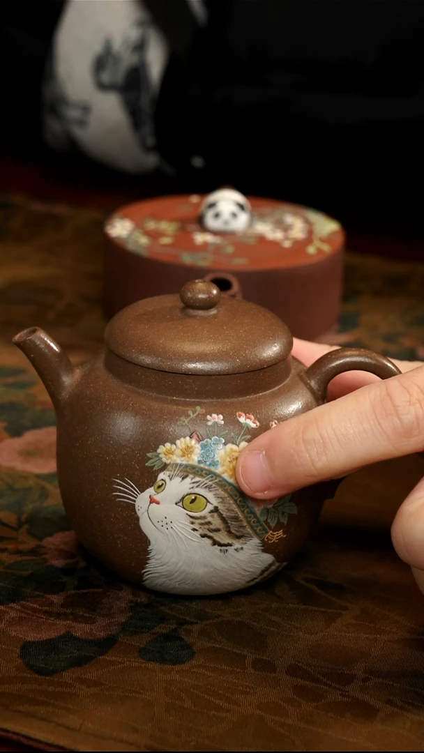 茶壶紫砂簪花猫杯