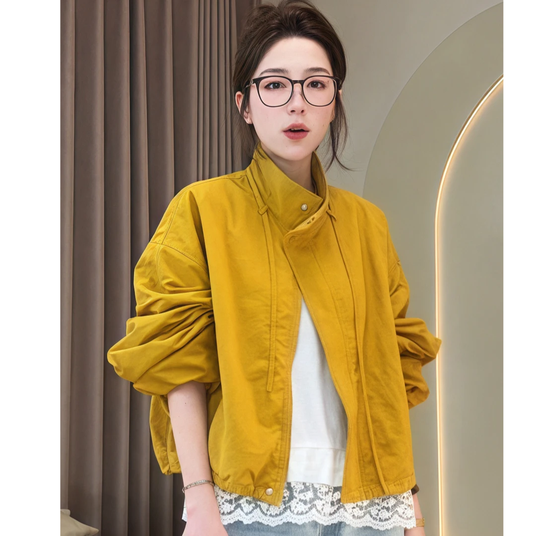 纯色小个子薄款立领短外套宽松型春季女常规短款夹克冲锋衣上衣潮