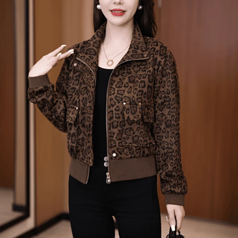 早秋时尚百搭网红爆款豹纹印花拉链长袖外套减龄宽松简约妈妈装