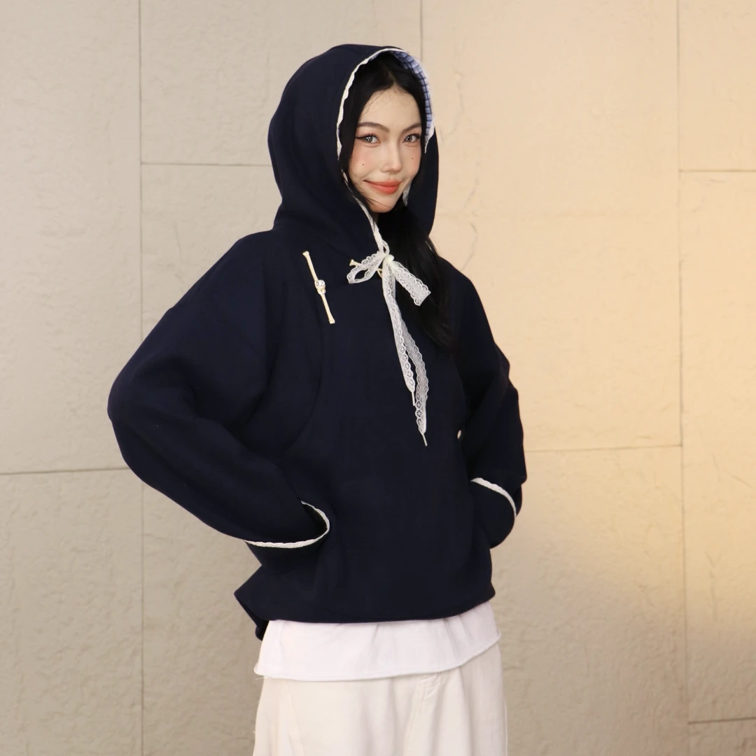 【蒙之艺】连帽蕾丝边蒙古元素斜襟卫衣