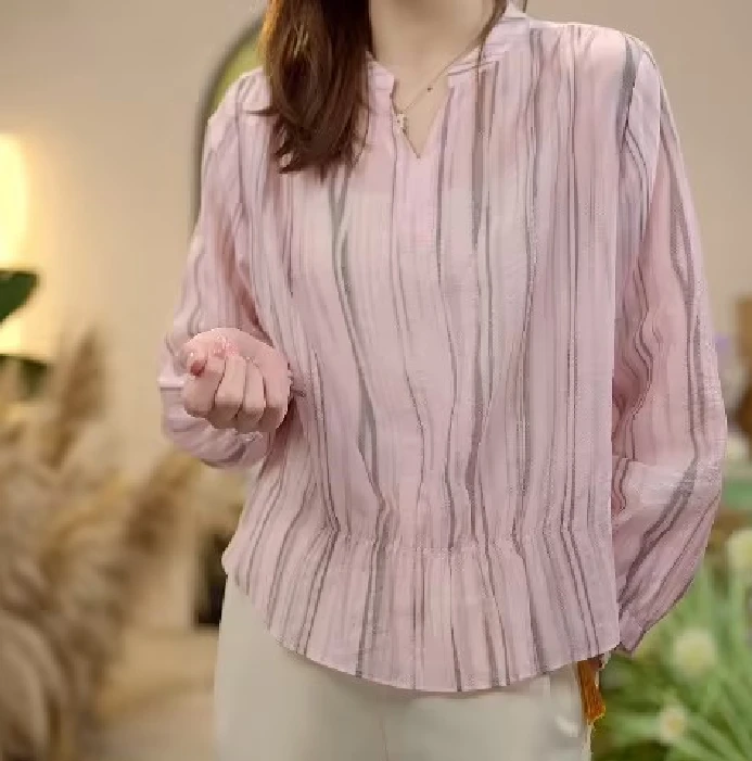 【DP】清凉一夏~竖条纹设计宽松显瘦休闲气质时尚捏褶上衣