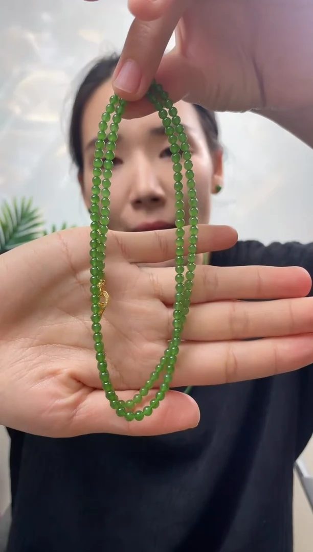 项链未镶嵌和田玉（碧玉）碧玉珠链4mm无矿点