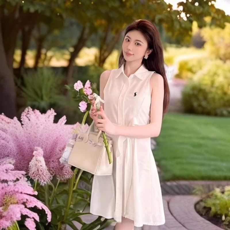 优选初恋小白裙polo白色连衣裙女夏季新款法式无袖收腰绑带衬衫裙