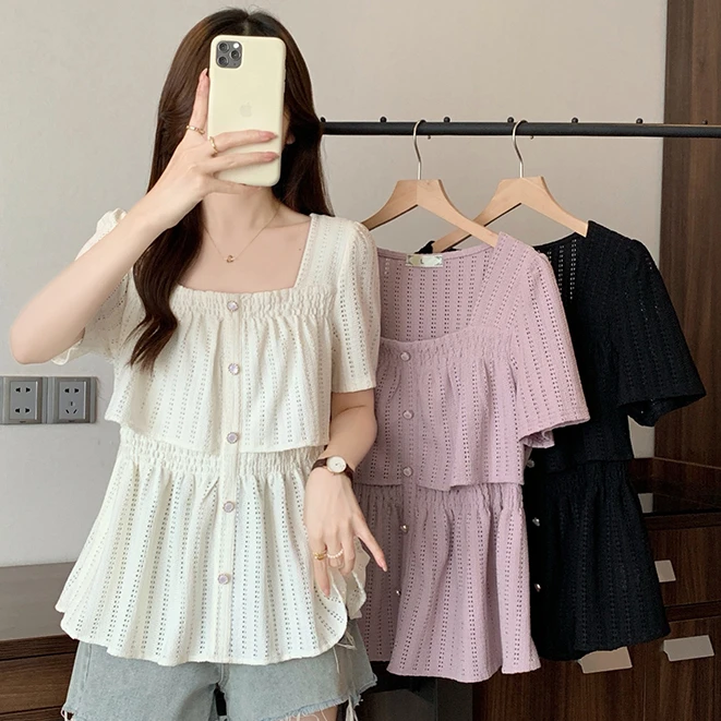 2025夏装新款胖mm大码女法式气质方领镂空荷叶边短袖小衫上衣1513