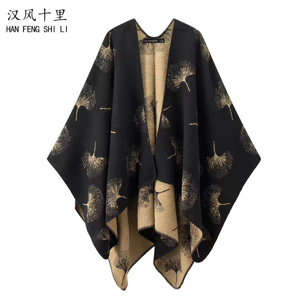 落日银杏-冬季保暖银杏水墨画民族风旅游外搭斗篷披肩