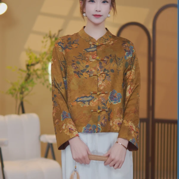 花罗芦熟金黄缠枝牡丹五福临门桑蚕丝秋季外套女新中式香云纱