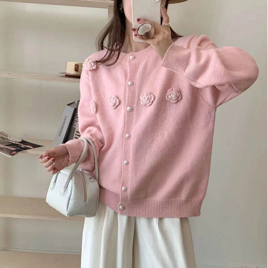 立体手工花瓣简约甜美宽松针织毛衣