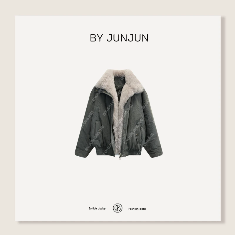 ByJunjun2025冬季新品落雪芬兰羊毛领鹅绒服保暖必备羽绒外套
