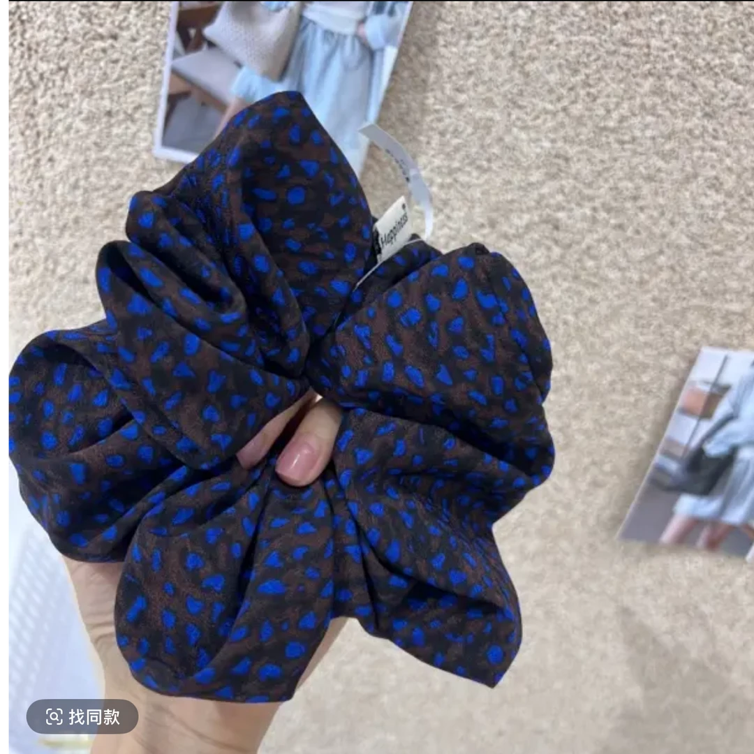 复古蓝豹纹大肠发圈女超大头绳慵懒低马尾头花盘发头绳橡皮筋发饰