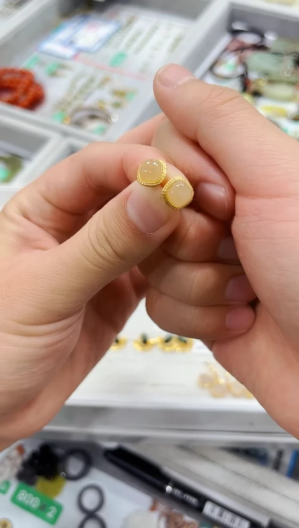 和田玉银S925镶嵌耳饰方糖耳钉06
