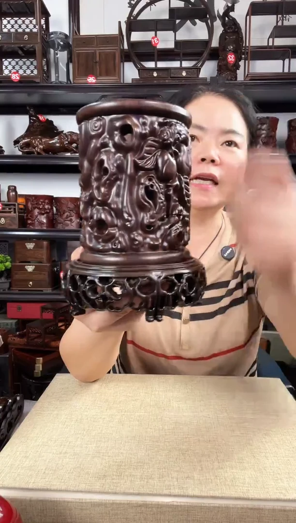 木新款3+寿桃笔筒老李红木工艺品