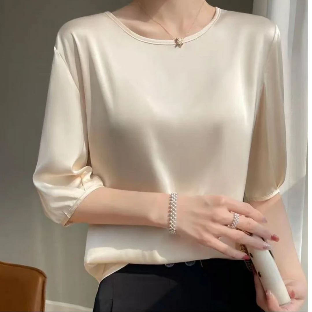 0950纯色T恤中袖女士简约气质舒适女款春夏宽松设计师小上衣