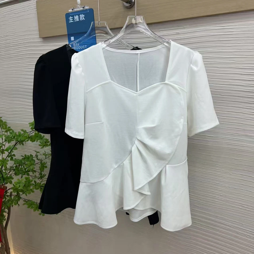 大码女装—5263夏季薄款显瘦女装法式短袖T恤不规则设计荷叶上衣