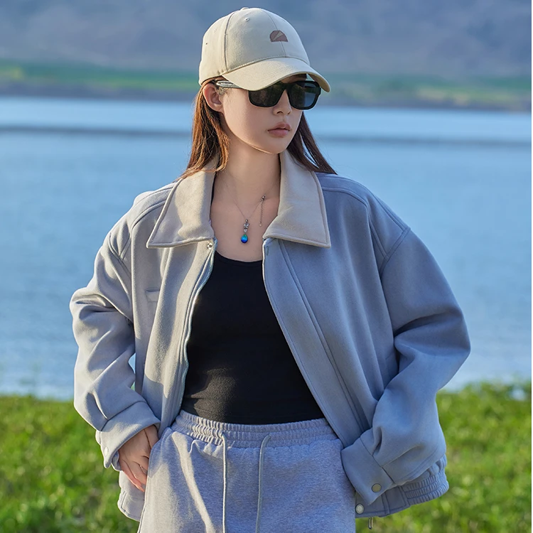 美式复古撞色拼接仿麂皮绒翻领外套女春秋季宽松休闲夹克上衣