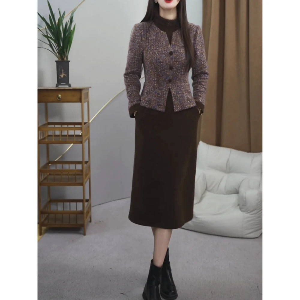 拼接假两件气质优雅连衣裙2025年时尚修身显瘦遮肚中长款A字裙