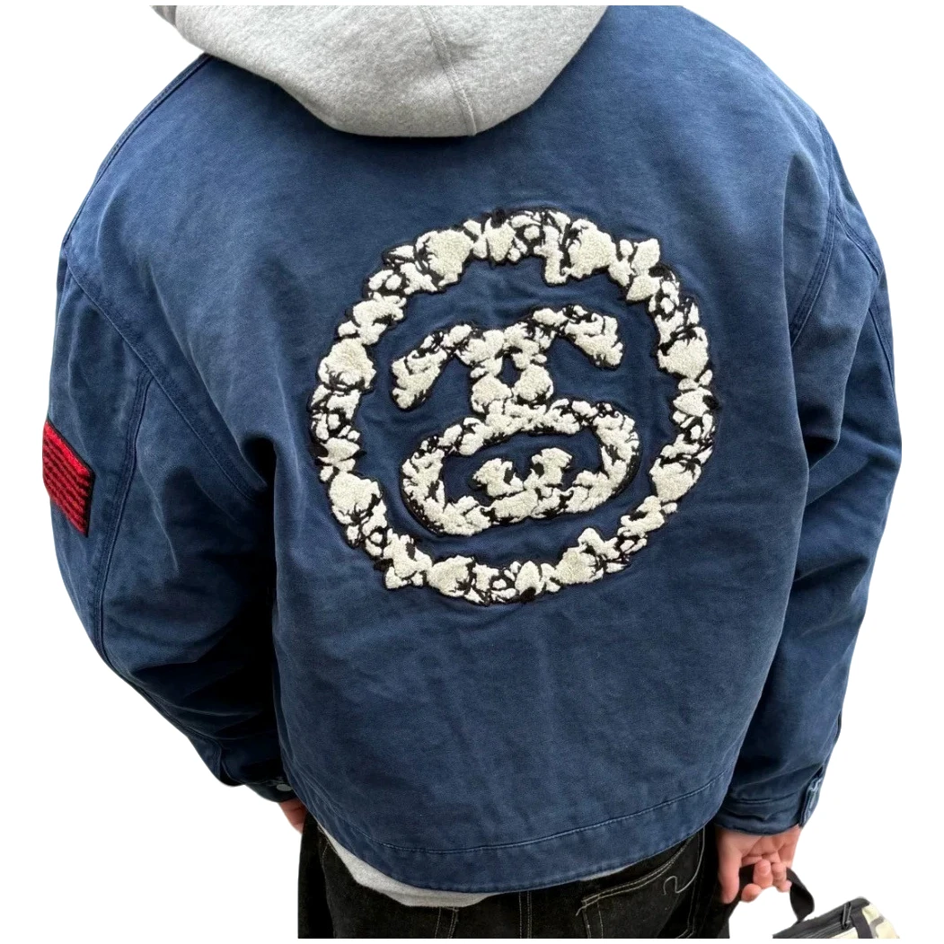 斯图西联名款 SS25 胸前圆形logo印花拉链开合 重工洗水工装夹克