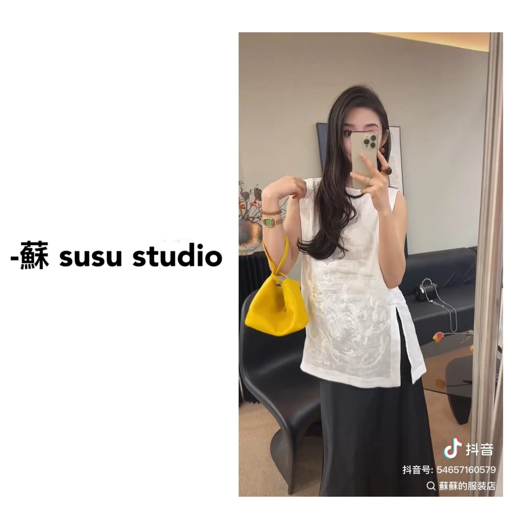 【蘇蘇】86018款时尚高端重工刺绣新中式无袖女士中长款衬衫上衣