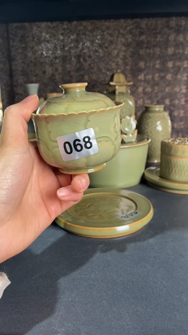 耀州窑仰山海浪盖碗微瑕068