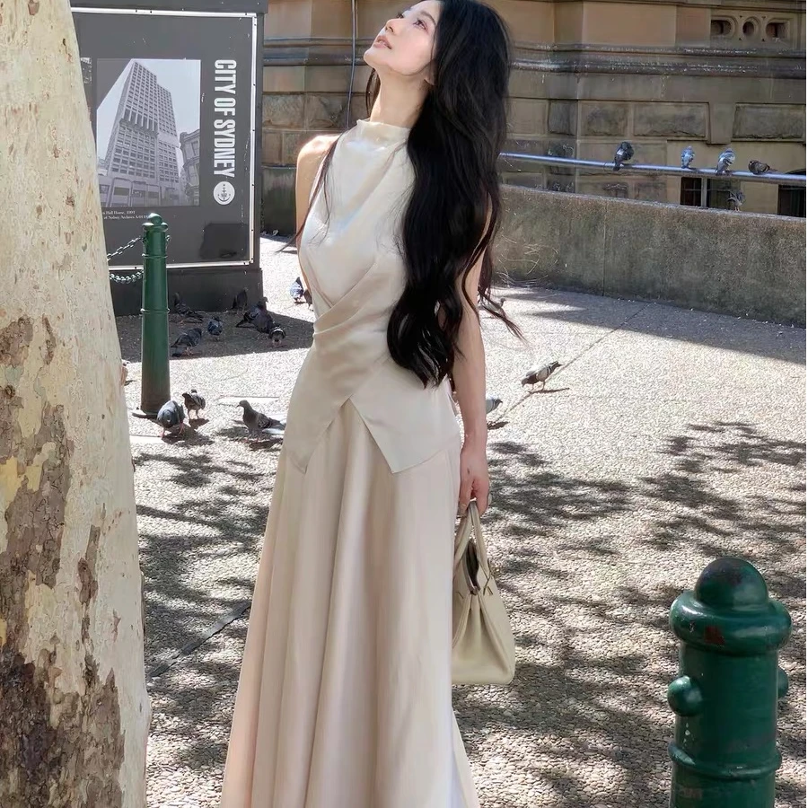韩国小镇~法式挂脖荡领无袖女连衣裙高级感气质收腰显瘦长裙套装