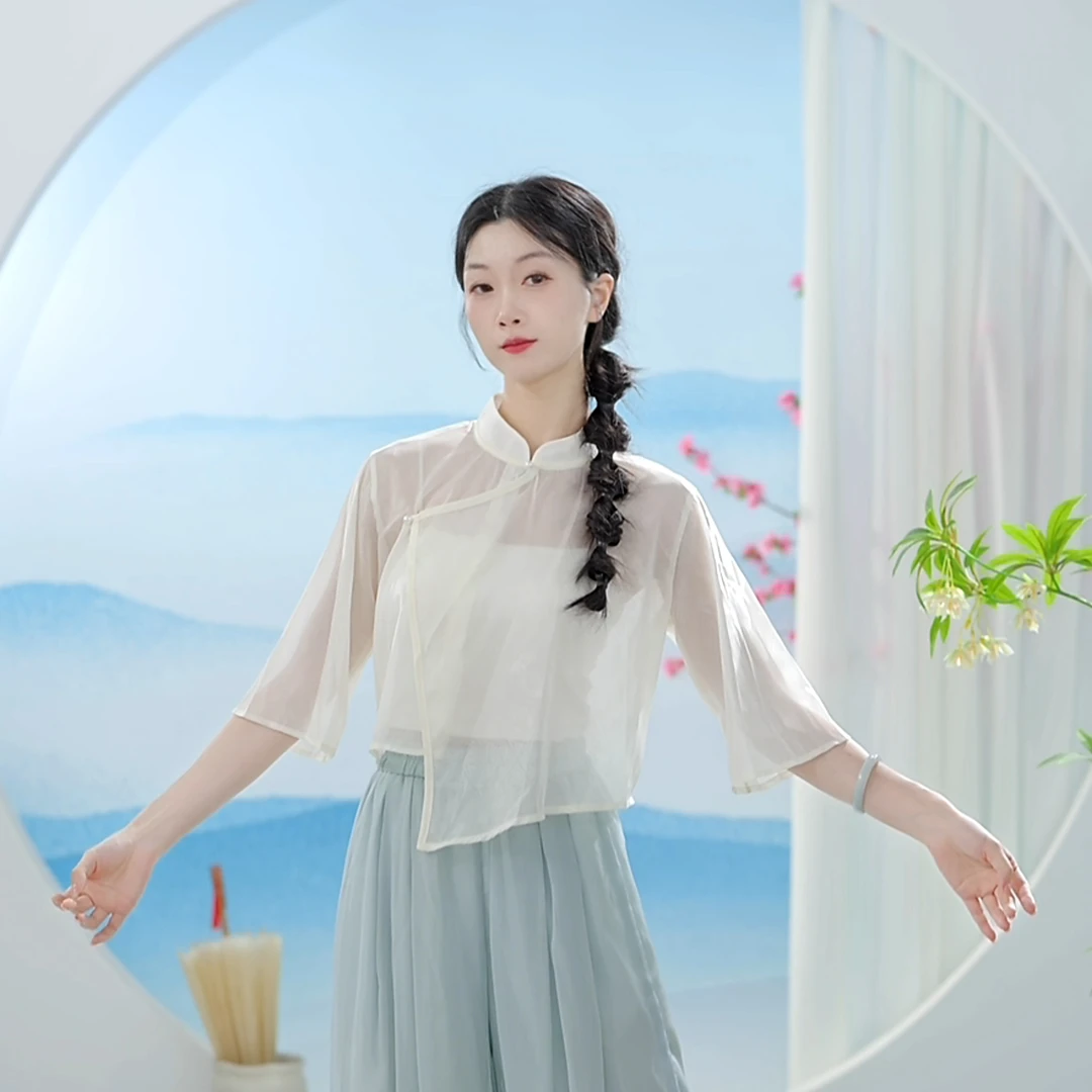 3631 D成人舞蹈服女款国风立领暗纹中袖短上衣练功形体日常跳舞