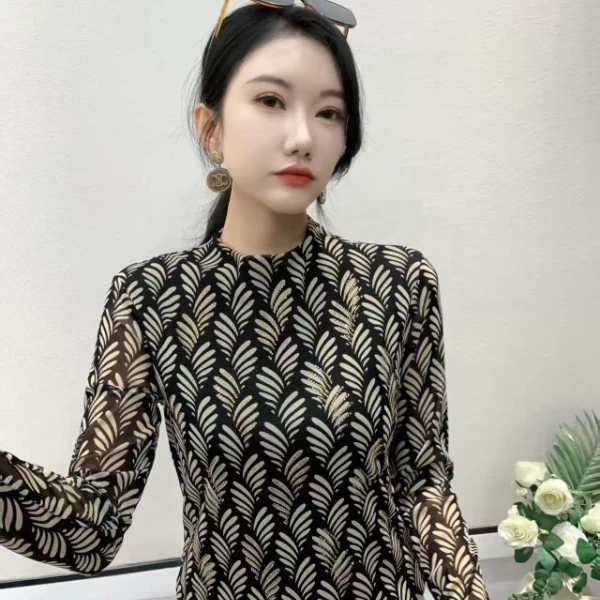 印花半高领长袖时尚T恤内搭网红洋气蕾丝拼接秋季