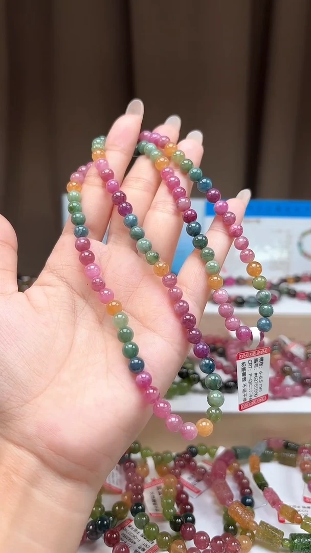 未镶嵌手链碧玺6mm浓郁艳丽色高阶油画体碧玺三圈手链多样性发一