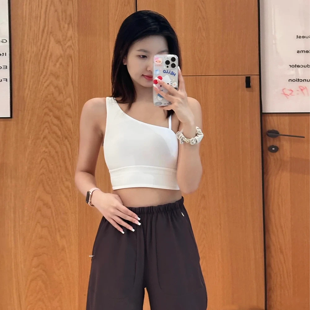 斜肩美背 白色 运动设计感背心 5191