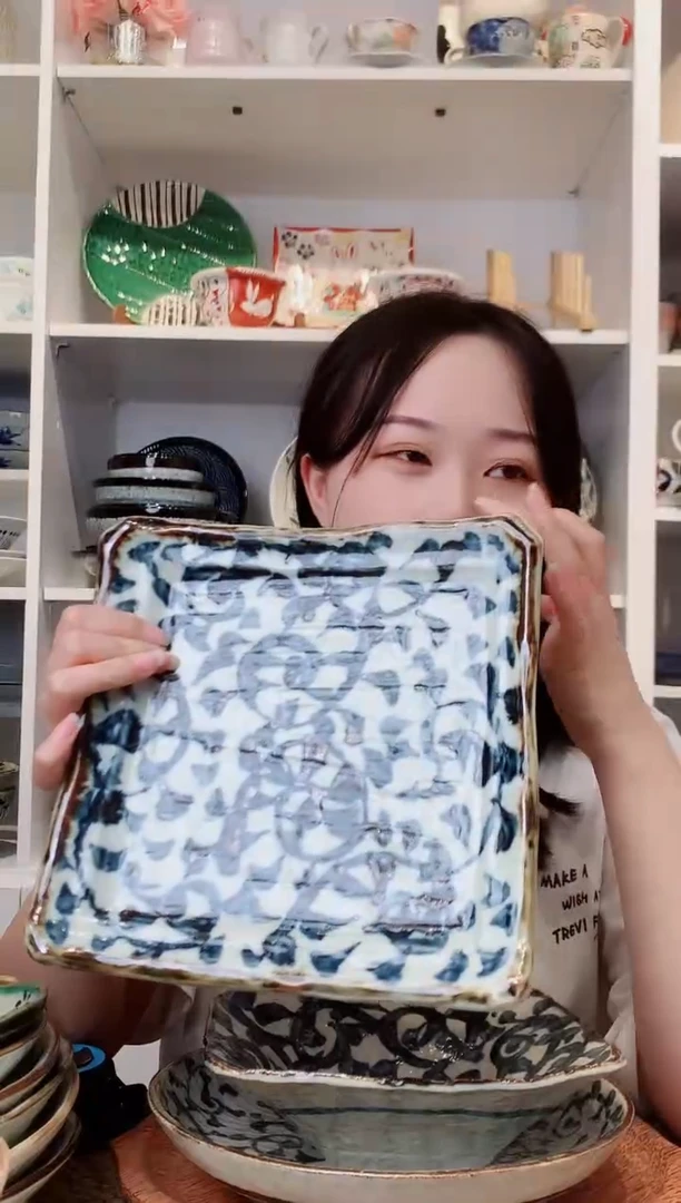 陶瓷章鱼唐草方型盘21cm