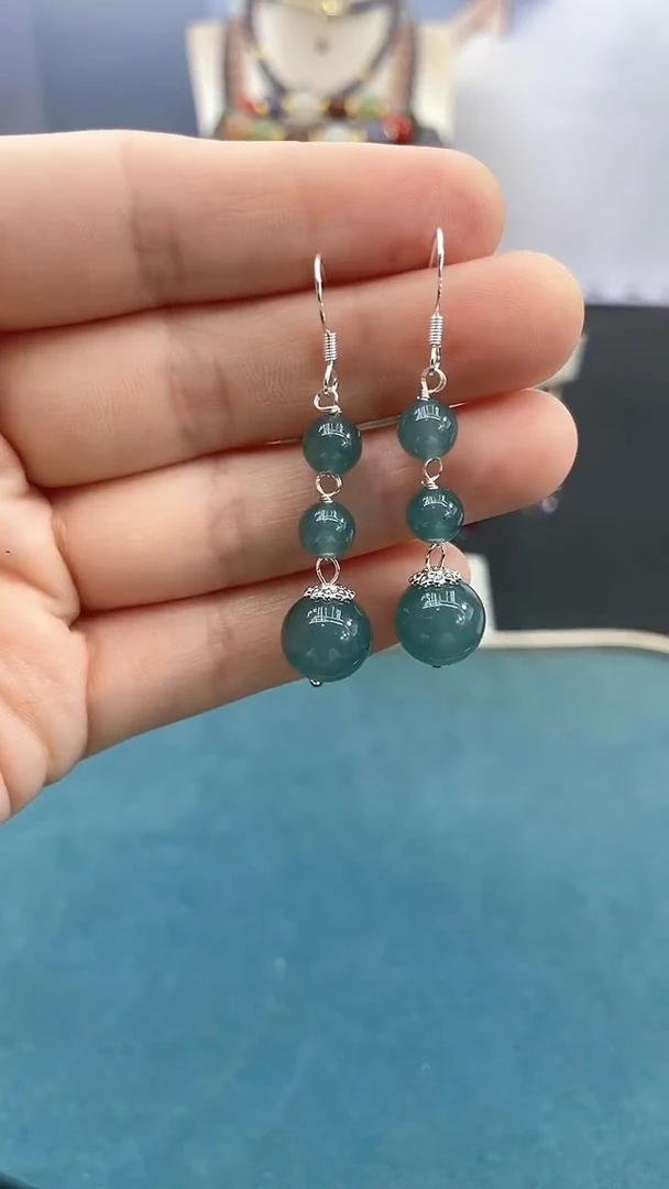 翡翠银S925镶嵌耳饰10mm蓝水三珠*F3