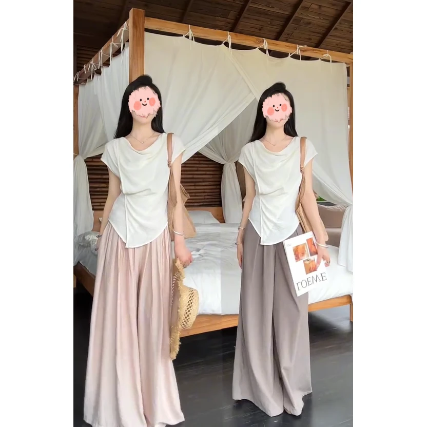 2025夏季时尚高级感不规则荡领短袖t恤女气质修身显瘦上衣女