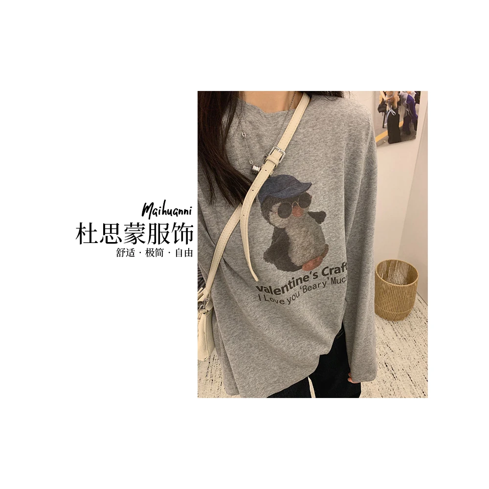 （杜思蒙服饰）A2295-“宝藏衣橱” 韩版休闲宽松印花企鹅长袖T恤