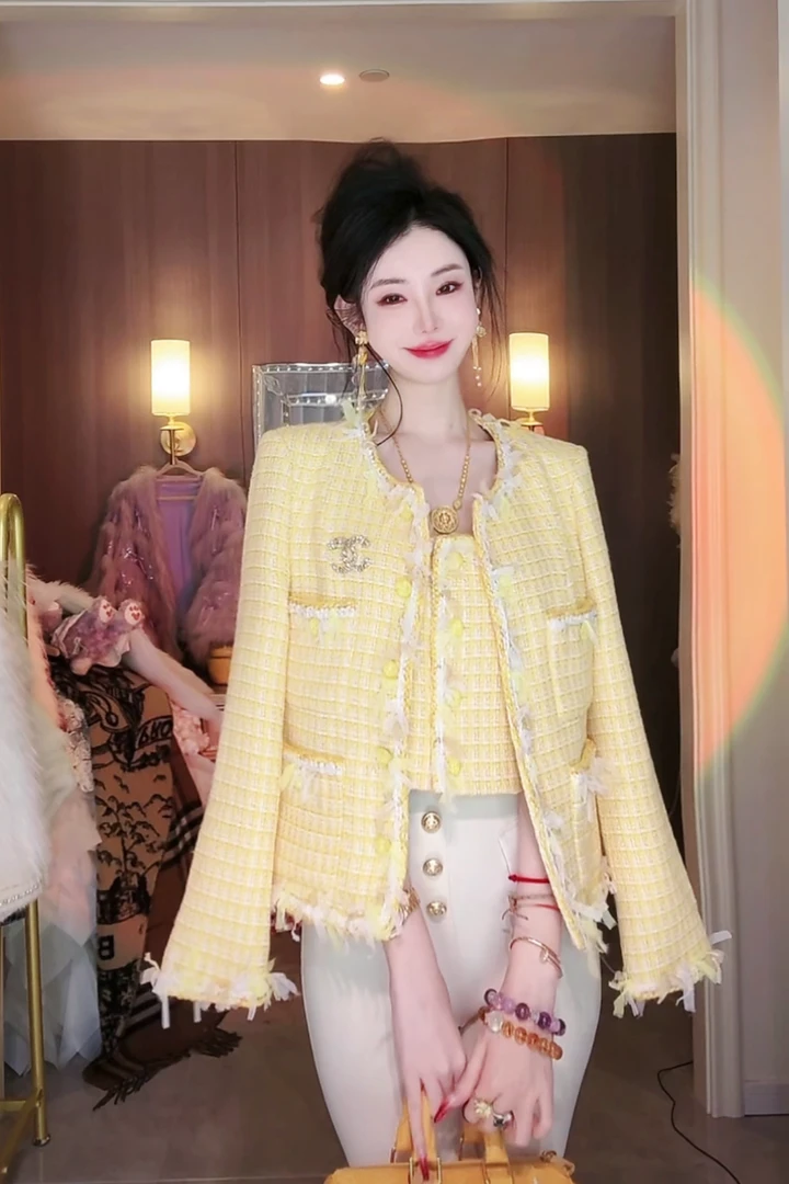 【雅乔定制】阳光大道 黄色格纹小香外套背心两件套DYJJ-2510756