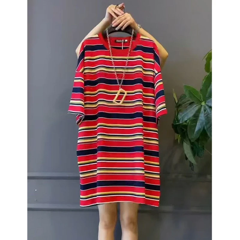 美貌色系！太好看了！复古短袖连衣裙女条纹中长款宽松显瘦T恤裙子