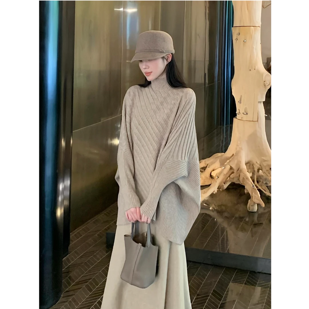 慵懒风不规则宽松纸片人显瘦气质蝙蝠袖毛衣半高领针织衫女上衣